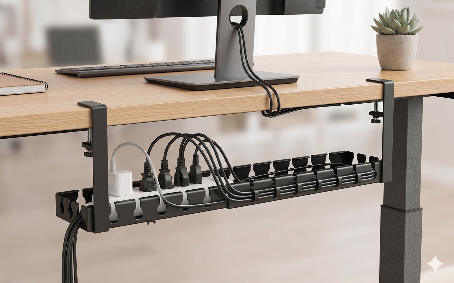 Under-Desk Clamp Cable Management Tray - No-Drill Wire Organizer for Home Office