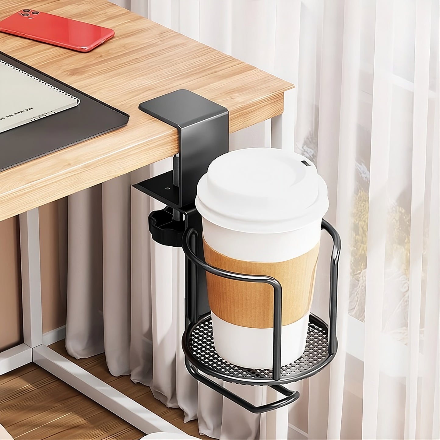 2-in-1 Clamp-On Desk Cup Holder & Headphone Hanger - Anti-Spill Workspace Organizer