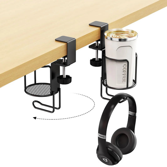2-in-1 Clamp-On Desk Cup Holder & Headphone Hanger - Anti-Spill Workspace Organizer
