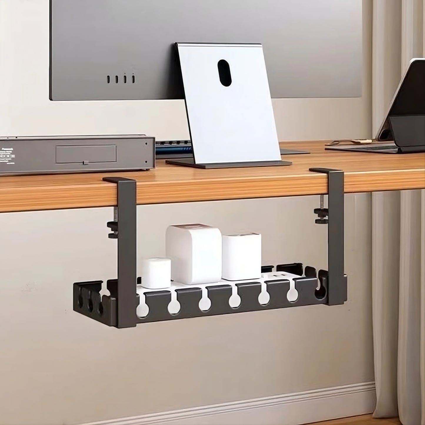 Under-Desk Clamp Cable Management Tray - No-Drill Wire Organizer for Home Office