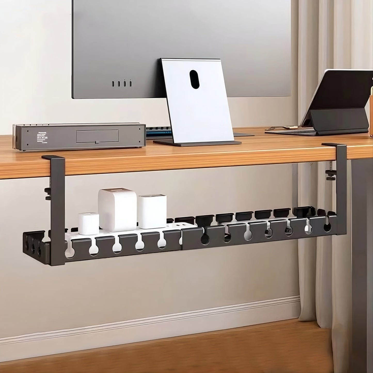 Under-Desk Clamp Cable Management Tray - No-Drill Wire Organizer for Home Office