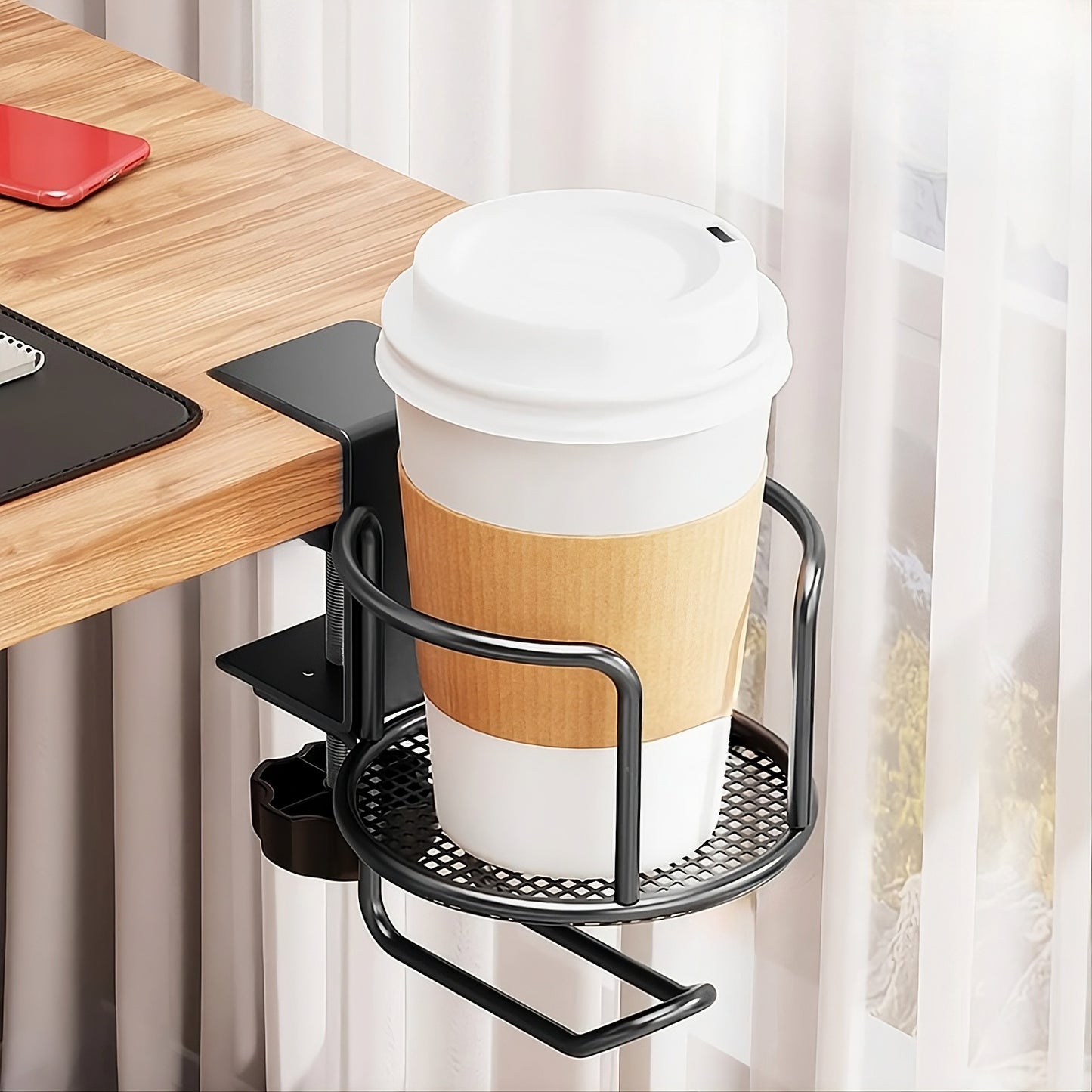 2-in-1 Clamp-On Desk Cup Holder & Headphone Hanger - Anti-Spill Workspace Organizer